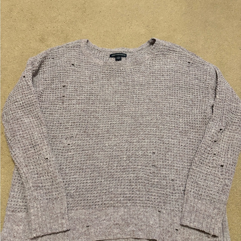 American Eagle Outfitters Women's Distressed Beige Crewneck Sweater